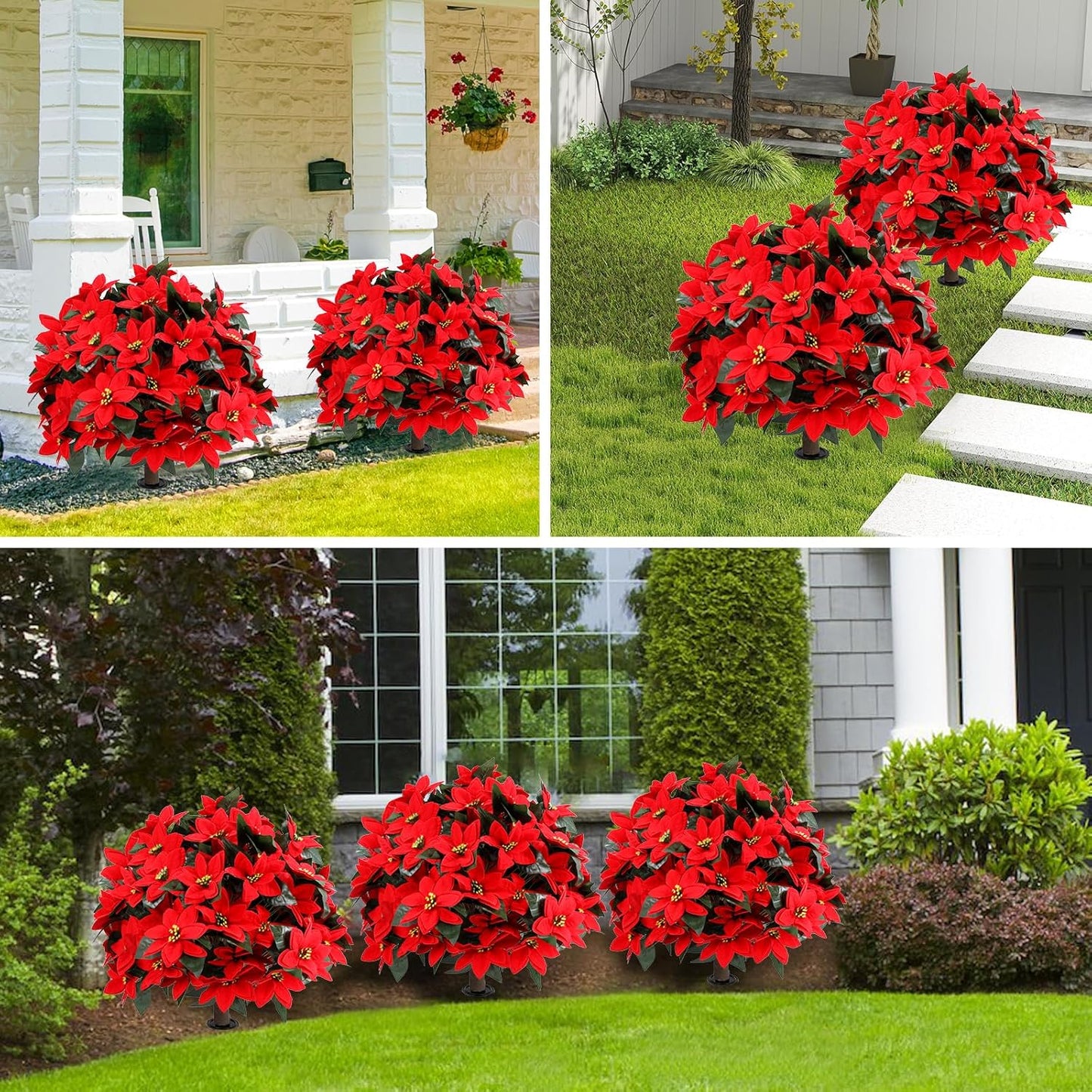 Artificial Red Eucalyptus Topiary Ball Tree 24" with Ground Spike, Set of 2 Artificial Boxwood Bushes for Faux Shrubs, Fake Evergreen Faux Plant for Indoor Outdoor Garden -UV Resistant–Fade-Proof