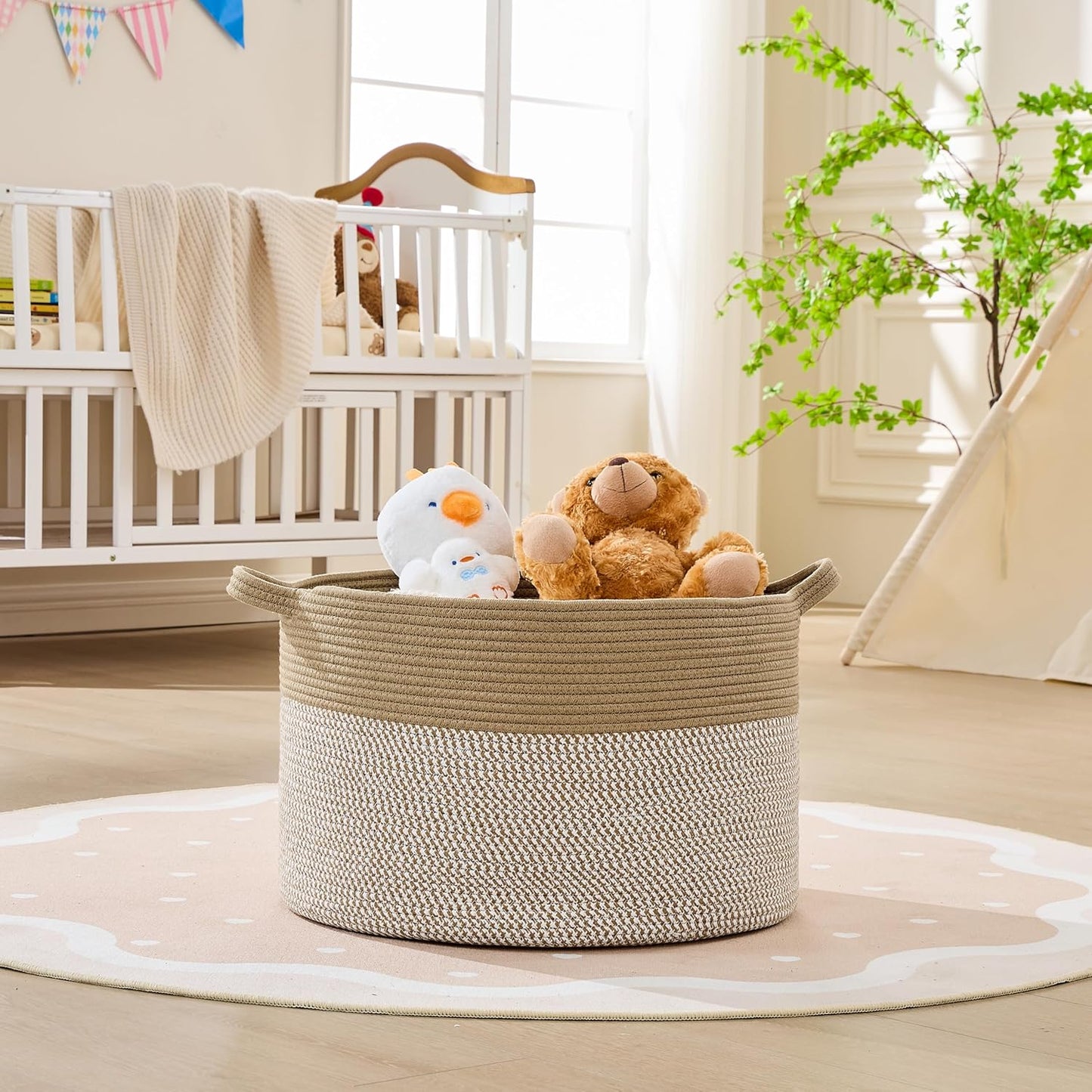 KAKAMAY Large Blanket Basket (20"x13"),Woven Baskets for storage Baby Laundry Hamper, Cotton Rope Blanket Basket for Living Room, Laundry, Nursery, Pillows, Baby Toy chest (White/Brown)