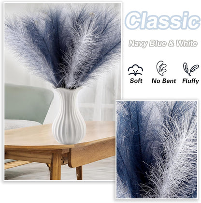 20Pcs Navy Blue Gradient and White Faux Pampas Grass Decor, 21.7"" Pompas Grass Flower Arrangement and Vase Filler for Boho Home Wedding Decoration, Black