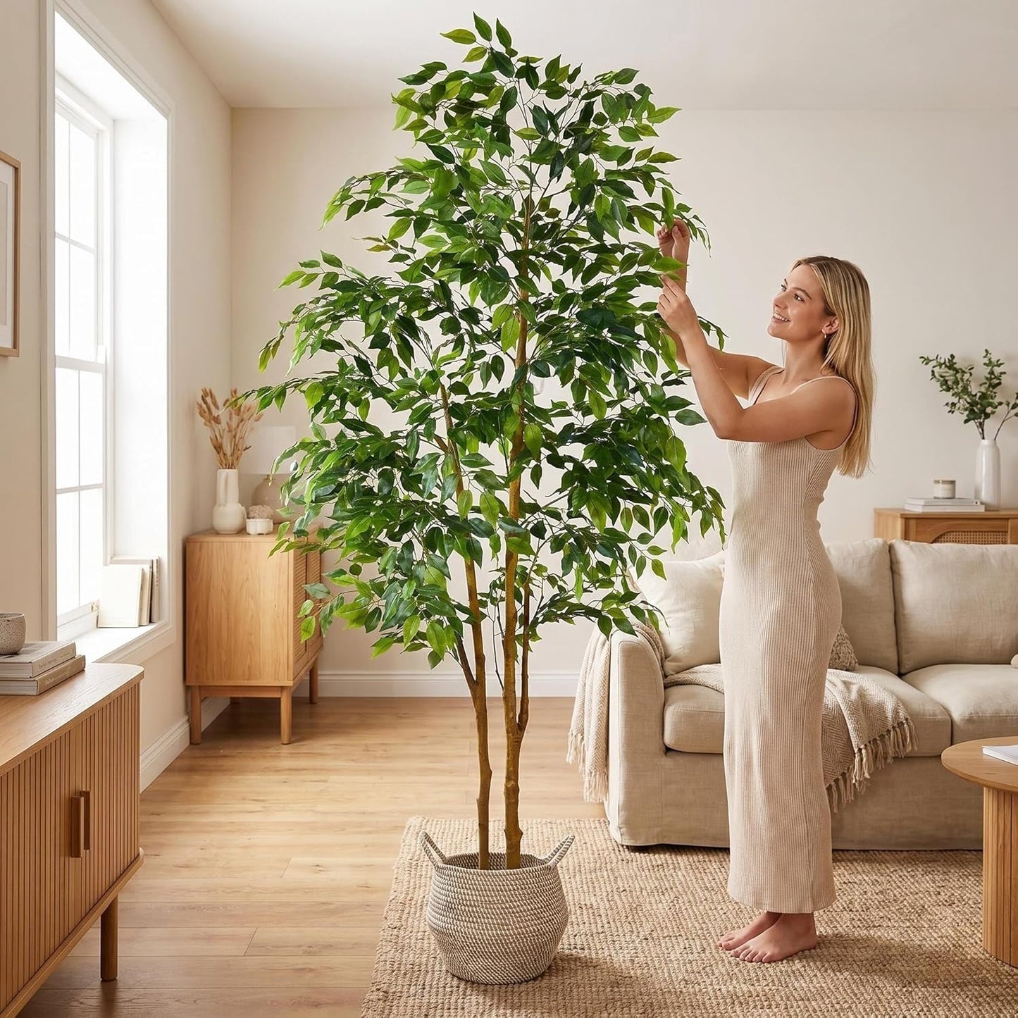 Warmplants Artificial Ficus Tree, 7ft Silk Fake Ficus Leaves Plant with Basket, Indoor Outdoor Faux Green Tree for Home Garden Office House Livingroom Décor
