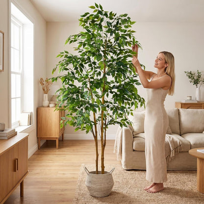 Warmplants Artificial Ficus Tree, 7ft Silk Fake Ficus Leaves Plant with Basket, Indoor Outdoor Faux Green Tree for Home Garden Office House Livingroom Décor