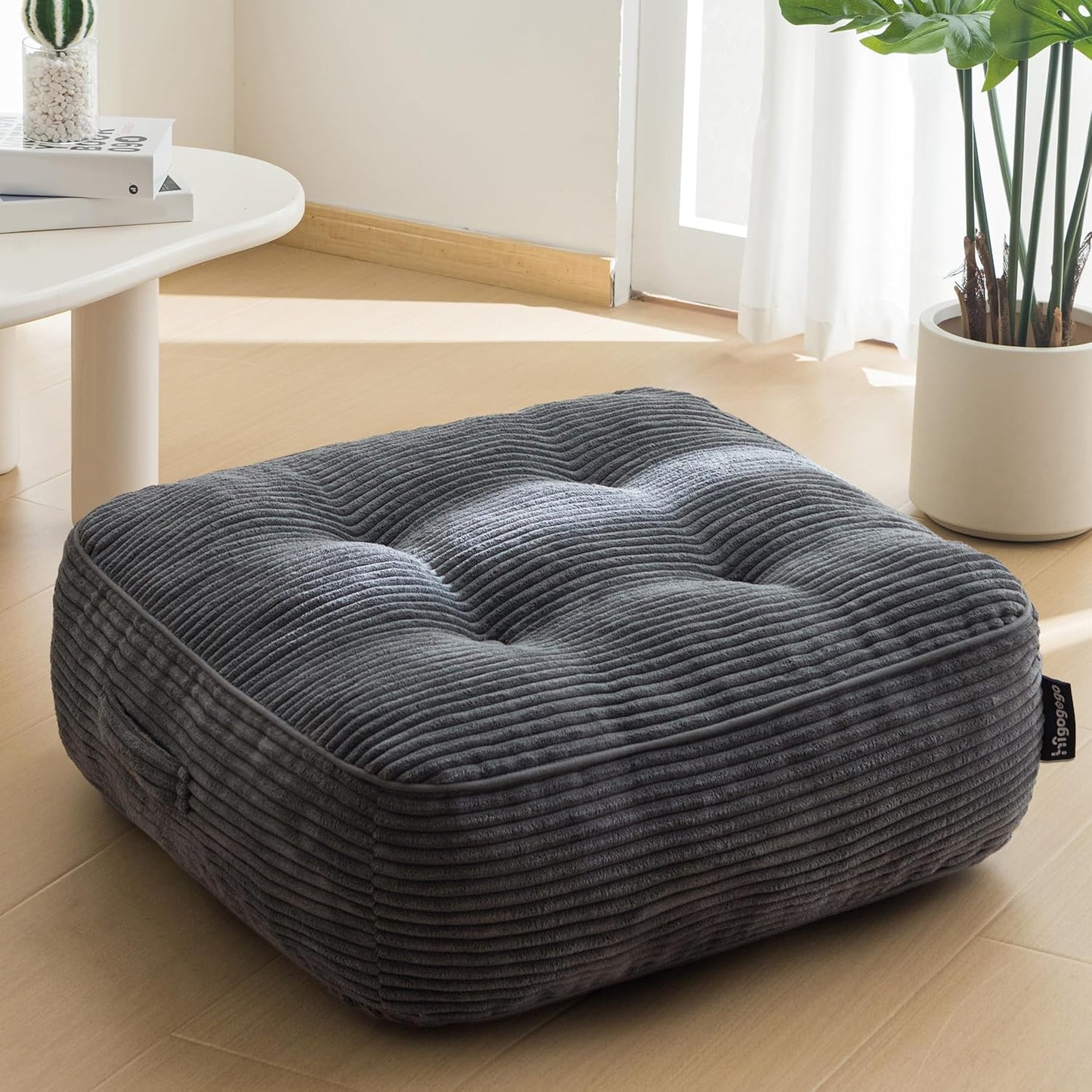 HIGOGOGO 6" Extra Thick Floor Pillow Cushion for Adults, Meditation Cushion Pillow, Large Square Floor Sitting, Tufted Corduroy Cover, for Tatami Living Room or Yoga, 22x22 Inch, 2Pack, Dark Grey