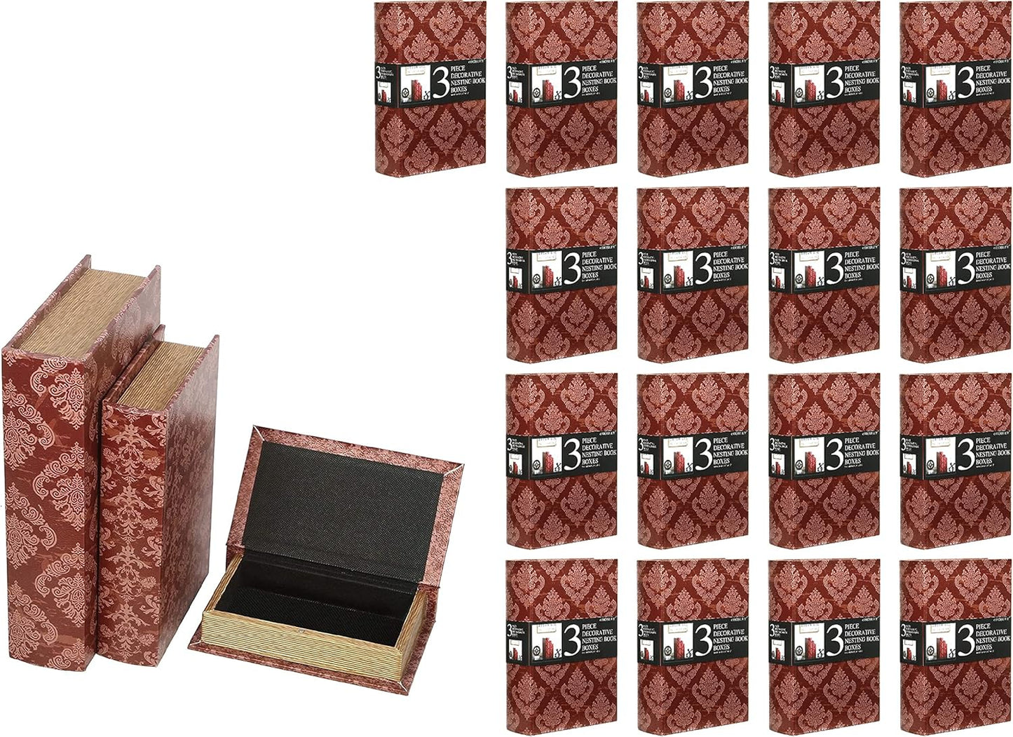 Hosley Farmhouse Memory Book Boxes Set of 3, Red Brown & Gold, Decorative Nesting Storage Boxes 12 10 8 Inch, Faux Leather Keepsake Photo Jewelry Box for Wedding Gift