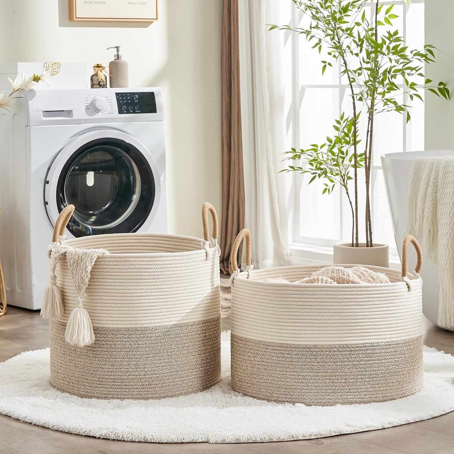 KAKAMAY Large Blanket Basket (20"x13"),Woven Baskets for storage Baby Laundry Hamper, Cotton Rope Blanket Basket for Living Room, Laundry, Nursery, Pillows, Baby Toy chest (White/Brown)