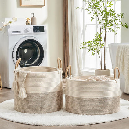 KAKAMAY Large Blanket Basket (20"x13"),Woven Baskets for storage Baby Laundry Hamper, Cotton Rope Blanket Basket for Living Room, Laundry, Nursery, Pillows, Baby Toy chest (White/Brown)