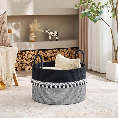 KAKAMAY Large Blanket Basket (20"x13"),Woven Baskets for storage Baby Laundry Hamper, Cotton Rope Blanket Basket for Living Room, Laundry, Nursery, Pillows, Baby Toy chest (White/Brown)
