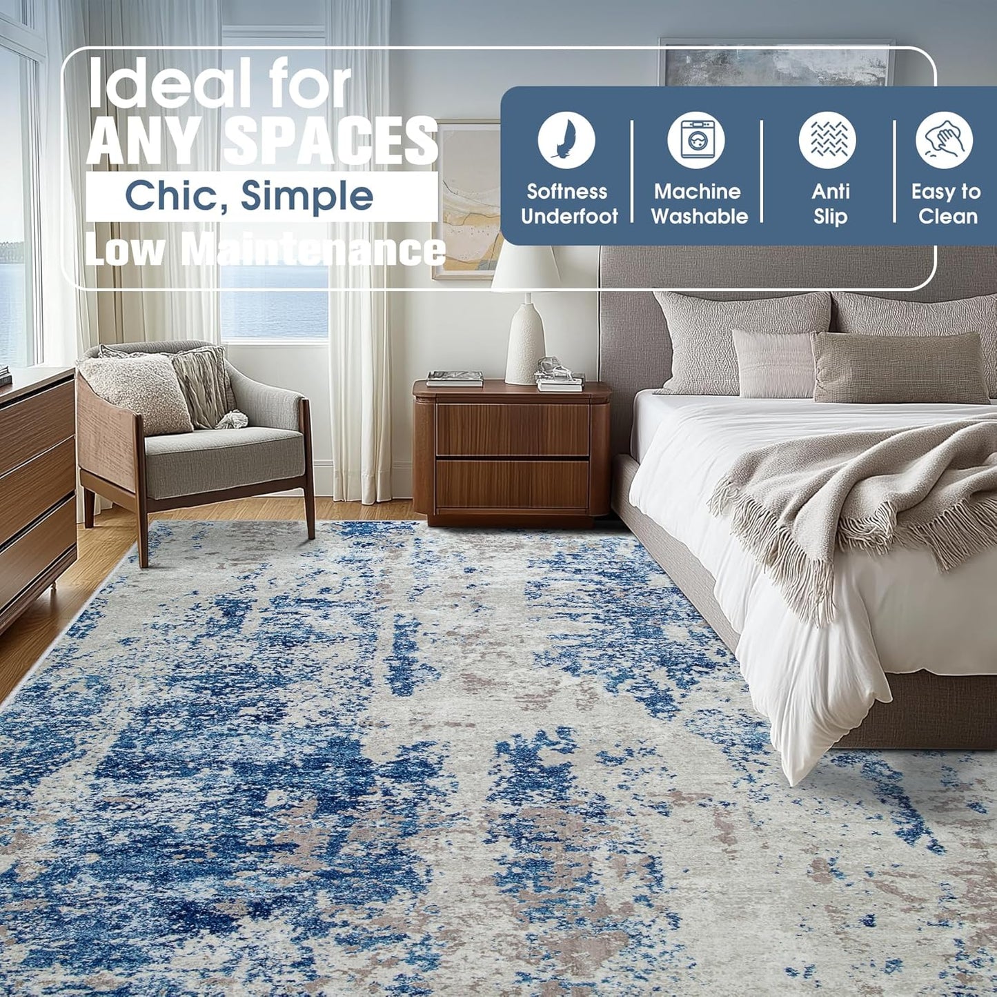 8x10 Area Rugs for Living Room Rug Washable: Abstract Large Rug for Dining Room Bedroom Carpet Non Slip 8 by 10 Indoor Modern Nursery Home Office Blue Grey