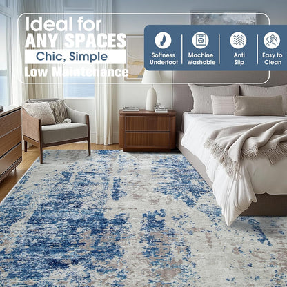 8x10 Area Rugs for Living Room Rug Washable: Abstract Large Rug for Dining Room Bedroom Carpet Non Slip 8 by 10 Indoor Modern Nursery Home Office Blue Grey