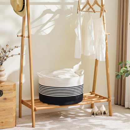 KAKAMAY Large Blanket Basket (20"x13"),Woven Baskets for storage Baby Laundry Hamper, Cotton Rope Blanket Basket for Living Room, Laundry, Nursery, Pillows, Baby Toy chest (White/Brown)