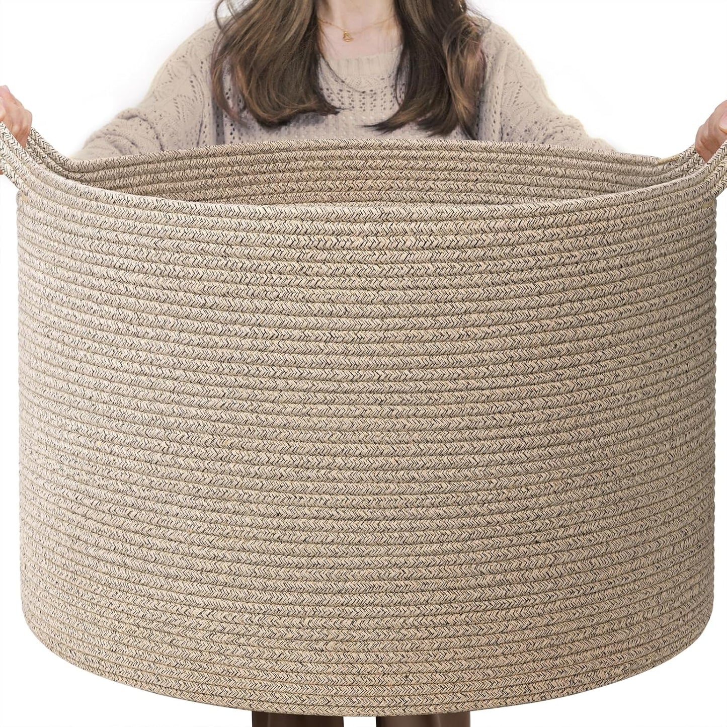 INDRESSME XXXLarge Blanket Basket for Living Room 21.7" x 21.7" x 13.8"-Storage Basket with Handle for Organizing Toy Pillows Woven Cotton Rope Laundry Basket Stuffed Animal Toy Storage for Play Room