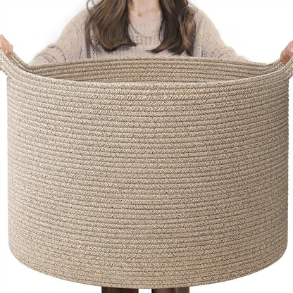INDRESSME XXXLarge Blanket Basket for Living Room 21.7" x 21.7" x 13.8"-Storage Basket with Handle for Organizing Toy Pillows Woven Cotton Rope Laundry Basket Stuffed Animal Toy Storage for Play Room