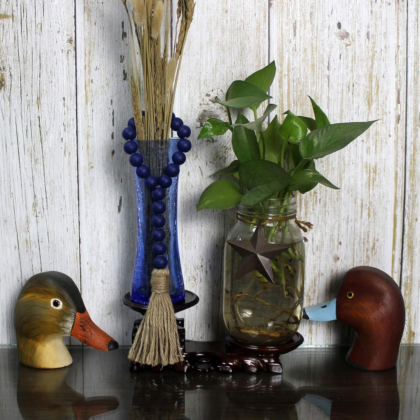 CVHOMEDECO. Wood Beads Garland with Tassels 3 PCS Farmhouse Rustic Wooden Prayer Bead String Wall Hanging Accent for Home Festival Decor. Natural