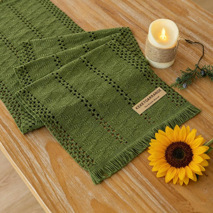 Keketoarrange Boho Sage Green Table Runner for Summer Home Decorations 12x72 Inches Farmhouse Small Macrame Woven Burlap Rustic Coffee Dresser Dining Kitchen Centerpiece Bohemian Decor