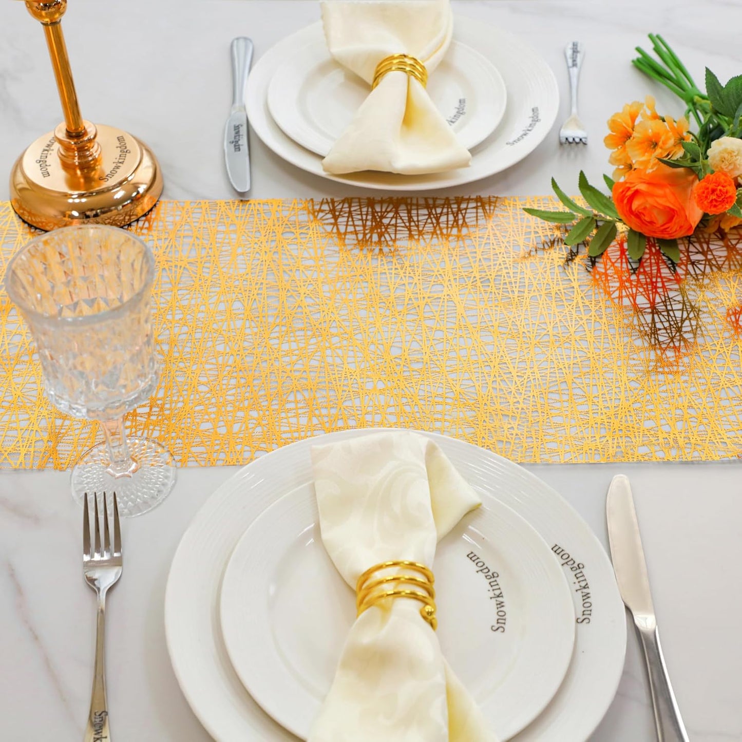 Snowkingdom 2 Pieces Gold Table Runner, Sequin Glitter Foil Metallic Thin Mesh Runner Roll 11"x108", Gold Table Decorations for Event Party, Wedding, Birthday Party, Christmas