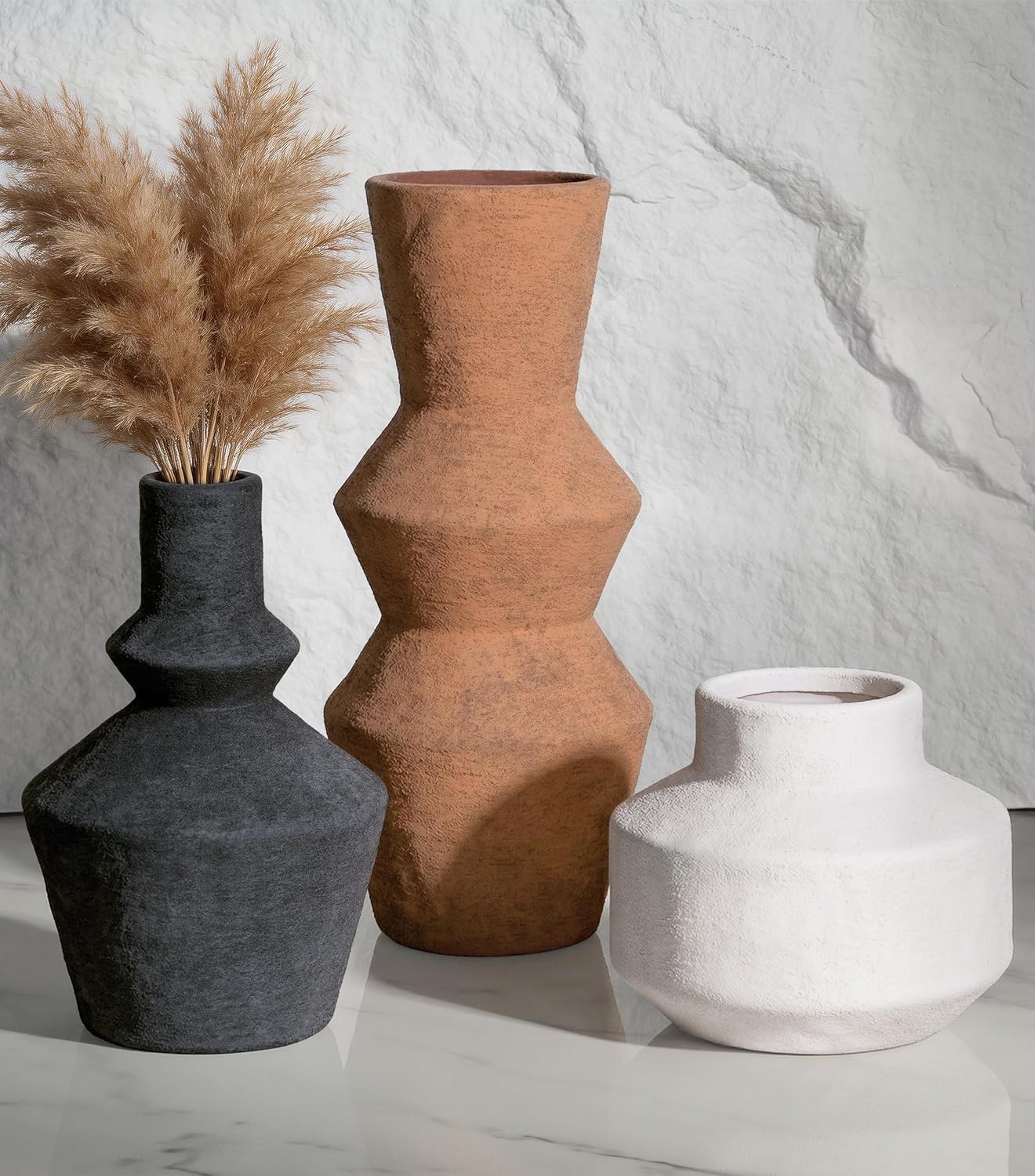 DREAMLOOM Ceramic Vase Set of 3, Modern Rustic Flower Vases for Pampas Grass, Dried & Fresh Flowers, Farmhouse Decorative Vase for Living Room Bedroom Kitchen Shelf Centerpiece, Rust