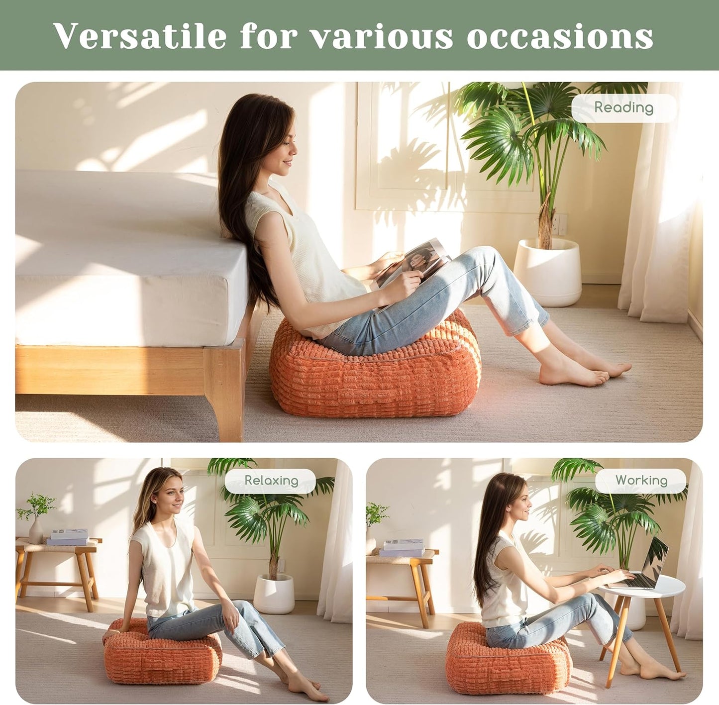HIGOGOGO Floor Pillow Cushion for Adults, Meditation Cushion Pillow, Blended Corduroy Cover, Large Square Floor Sitting for Tatami Living Room or Yoga, 22x22 Inch, Beige