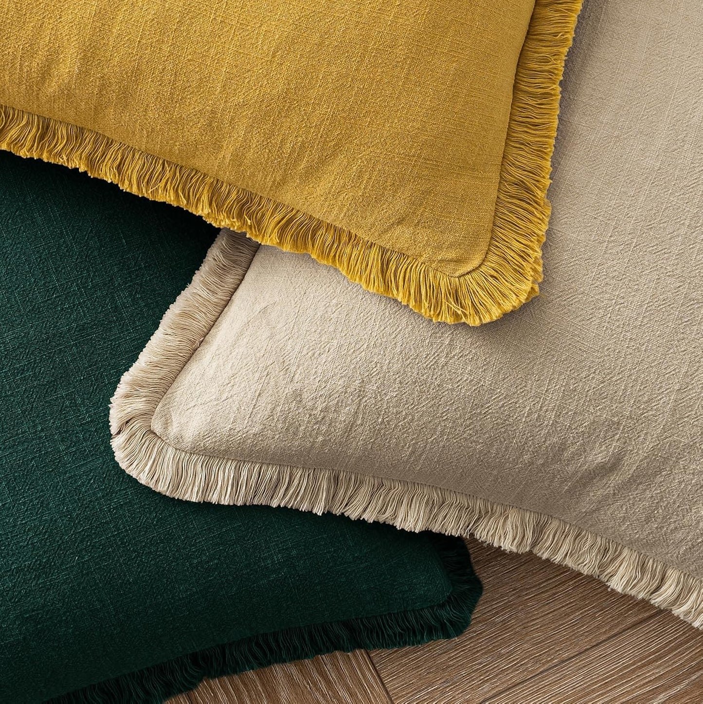 MIULEE Decorative Throw Pillow Covers Neutral Linen Fringe Throw Pillows Set of 2 Natural Beige Boho Farmhouse Cushion Covers with Tassels for Couch Sofa Bed Spring Home Decor 20x20 Inch
