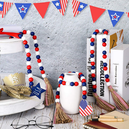 3 Pieces Independence Day Wood Bead Garland with Rustic Tassels 250 Th 4 of July USA Patriotic Wood Bead with American Flag and Wooden Heart Sign for Farmhouse Wall Hanging Prayer Beads Boho Decor