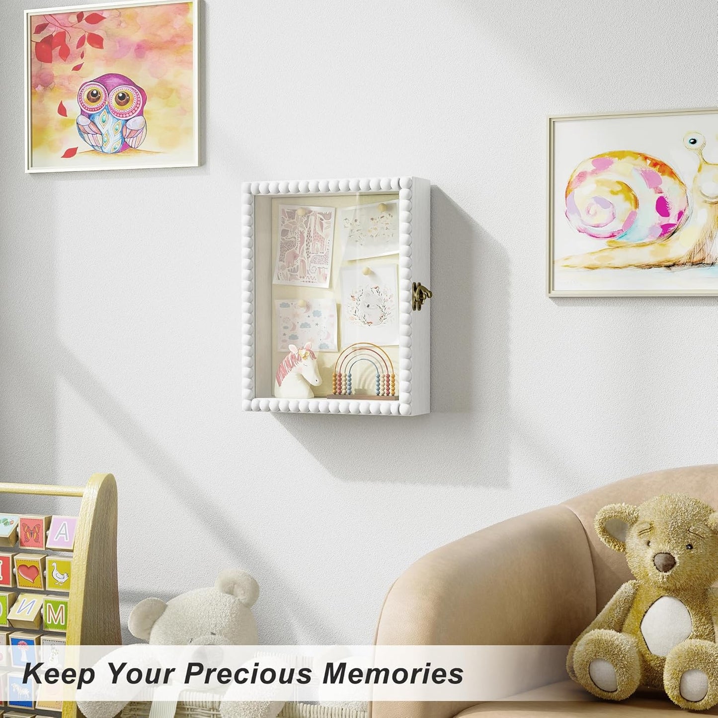 Love-KANKEI Shadow Box Frame 11x14, Deep Large Shadow Box Display Case with Unique Beads Door and Glass Window, Wood Memory Box for Pictures,Medals,Memorabilia,Collections White