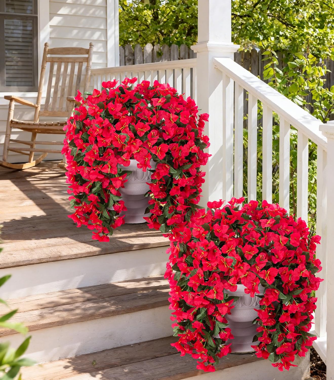 Faux Bougainvillea Artificial Flowers Plants for Outdoor Outside Decoration, 2 PCS Red Fake Flowers UV Resistant Look Real Silk Long Trailing Vines for Front Door Porch Planter Urn Patio Garden Yard