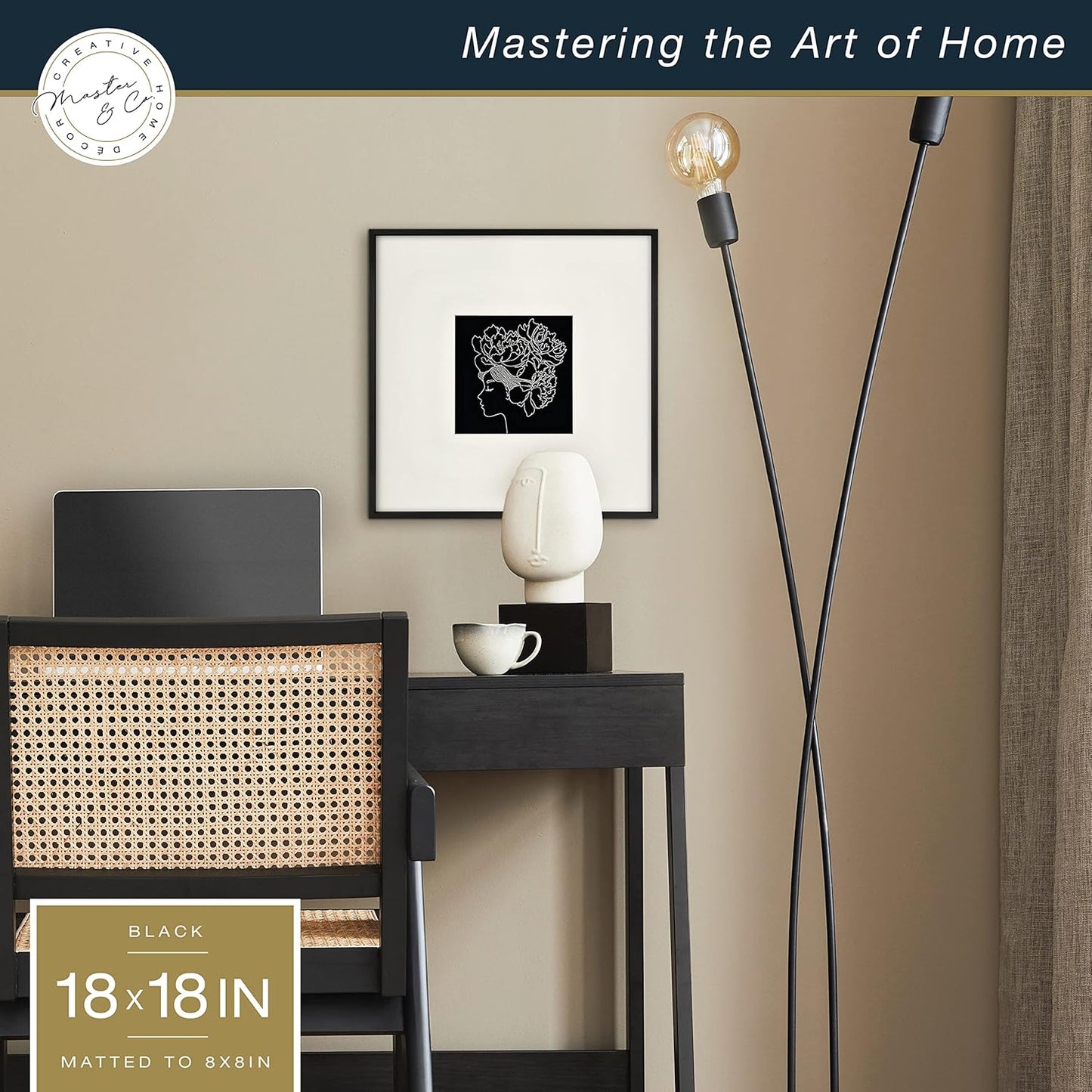 MCS Master & Co. Foundry Metal 18x18 Matted Picture Frame with 8x8 Photo Display, Black Vertical & Horizontal Wall Hanging Frame for Photos & Artwork (1-Pack)