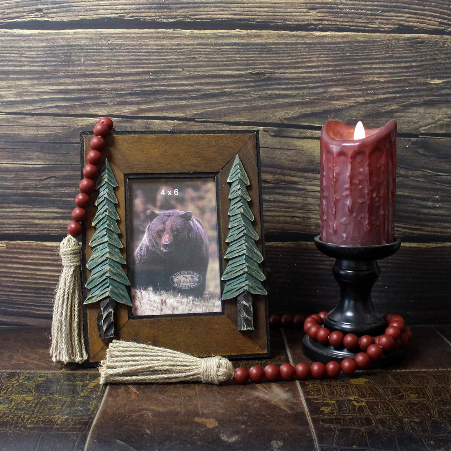 CVHOMEDECO. Wood Beads Garland with Tassels Farmhouse Rustic Wooden Prayer Bead String Wall Hanging Accent for Home Festival Decor. Mix Distressed