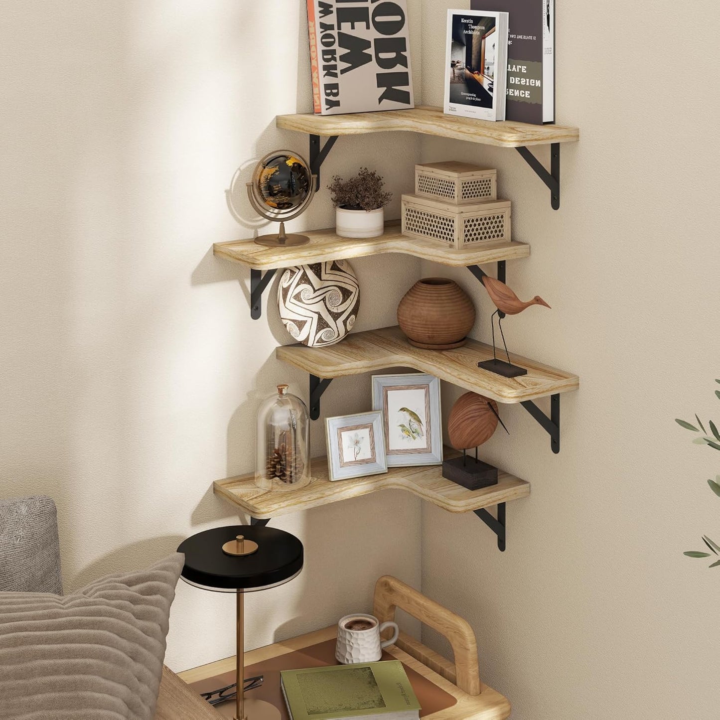 Venusmiles Corner Floating Shelves Set of 4, Wall Mounted L-Shaped Storage - Maximize Unused Corner Space in Bathroom, Kitchen, Bedroom, Office, Dark Carbonized