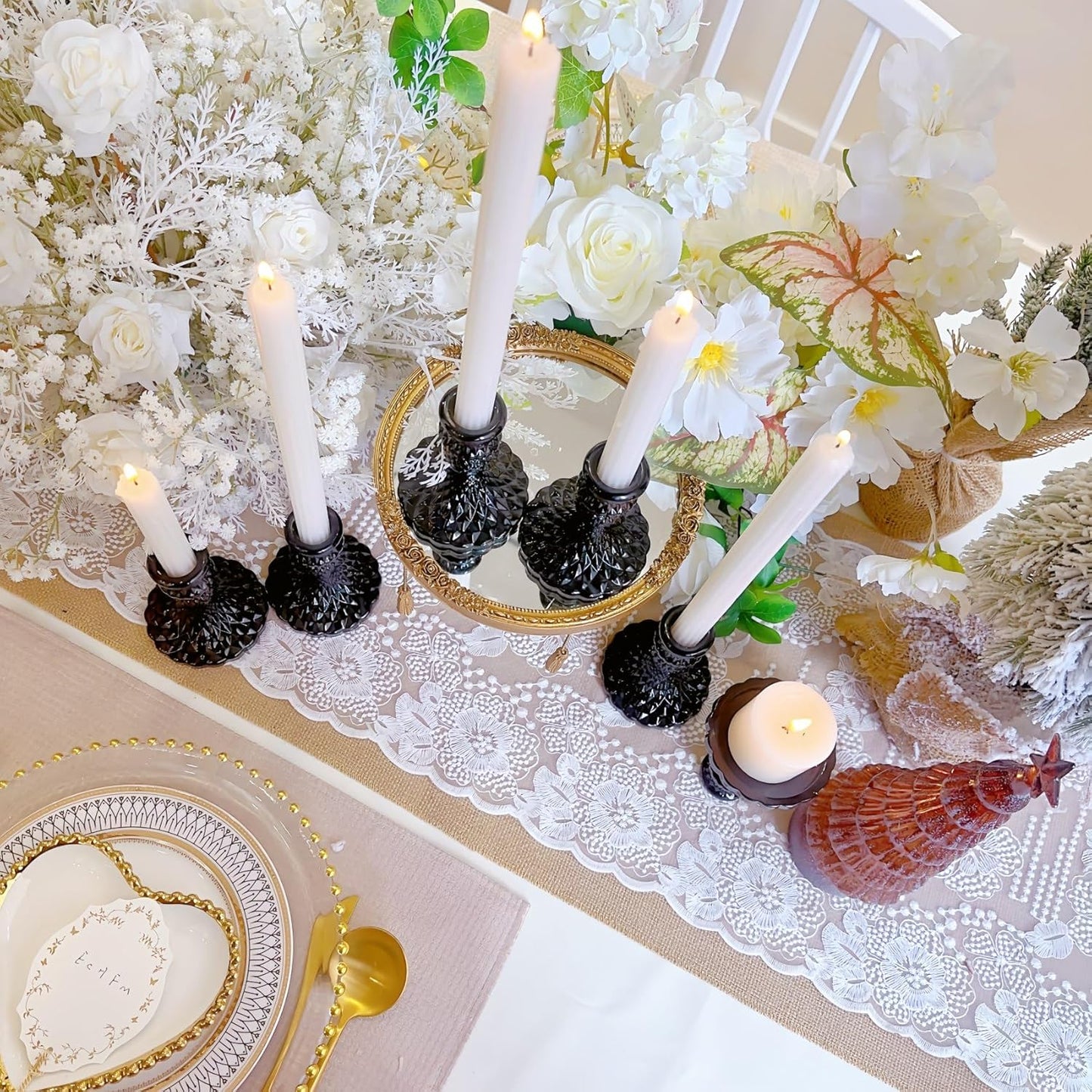Glass Candlestick Holder,Striped Taper Candle Holders,Set of 6 Candle Stand for Table Centerpieces, Home Decor,Weddings,Festival and Parties (Clear Stripe Pattern)