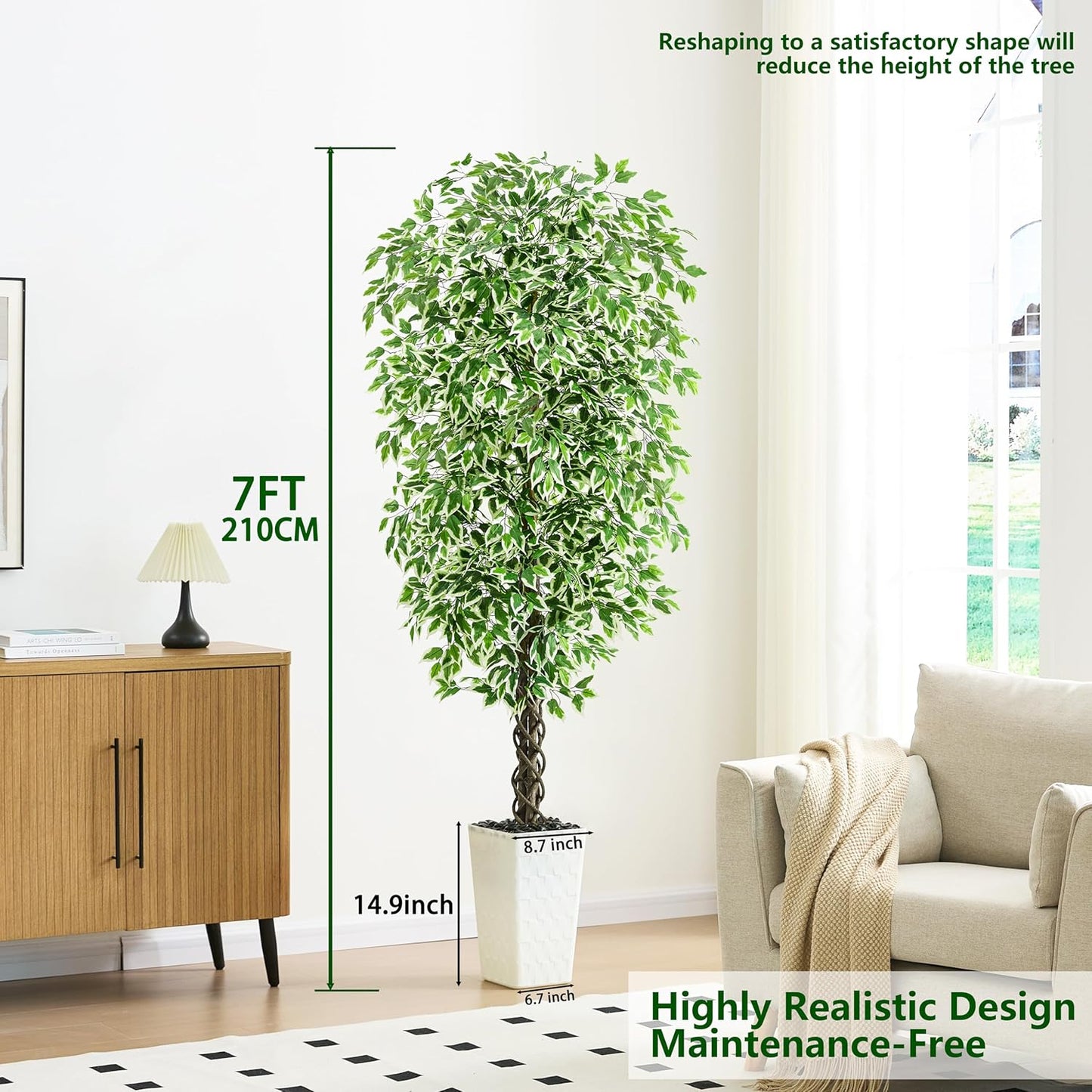 Artificial Ficus Tree 6FT Faux Plants Indoor Tall Fake Plants with White Planter, Green Lifelike Lush Fake Ficus Tree for Home Living Room Bedroom Outdoor Balcony House Office Decor