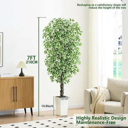Artificial Ficus Tree 6FT Faux Plants Indoor Tall Fake Plants with White Planter, Green Lifelike Lush Fake Ficus Tree for Home Living Room Bedroom Outdoor Balcony House Office Decor