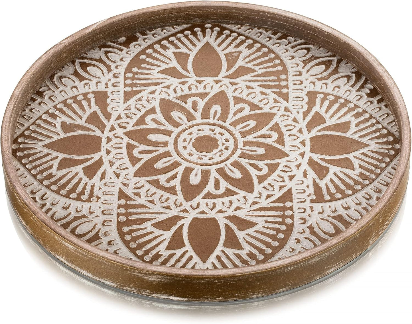 Hanobe Decorative Serving Tray Round: Farmhouse Coffee Table Decor Boho White Mandala Trays for Living Room Kitchen Bathroom Display