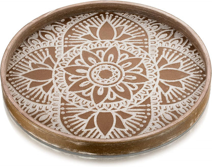 Hanobe Decorative Serving Tray Round: Farmhouse Coffee Table Decor Boho White Mandala Trays for Living Room Kitchen Bathroom Display