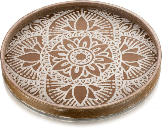 Hanobe Decorative Serving Tray Round: Farmhouse Coffee Table Decor Boho White Mandala Trays for Living Room Kitchen Bathroom Display
