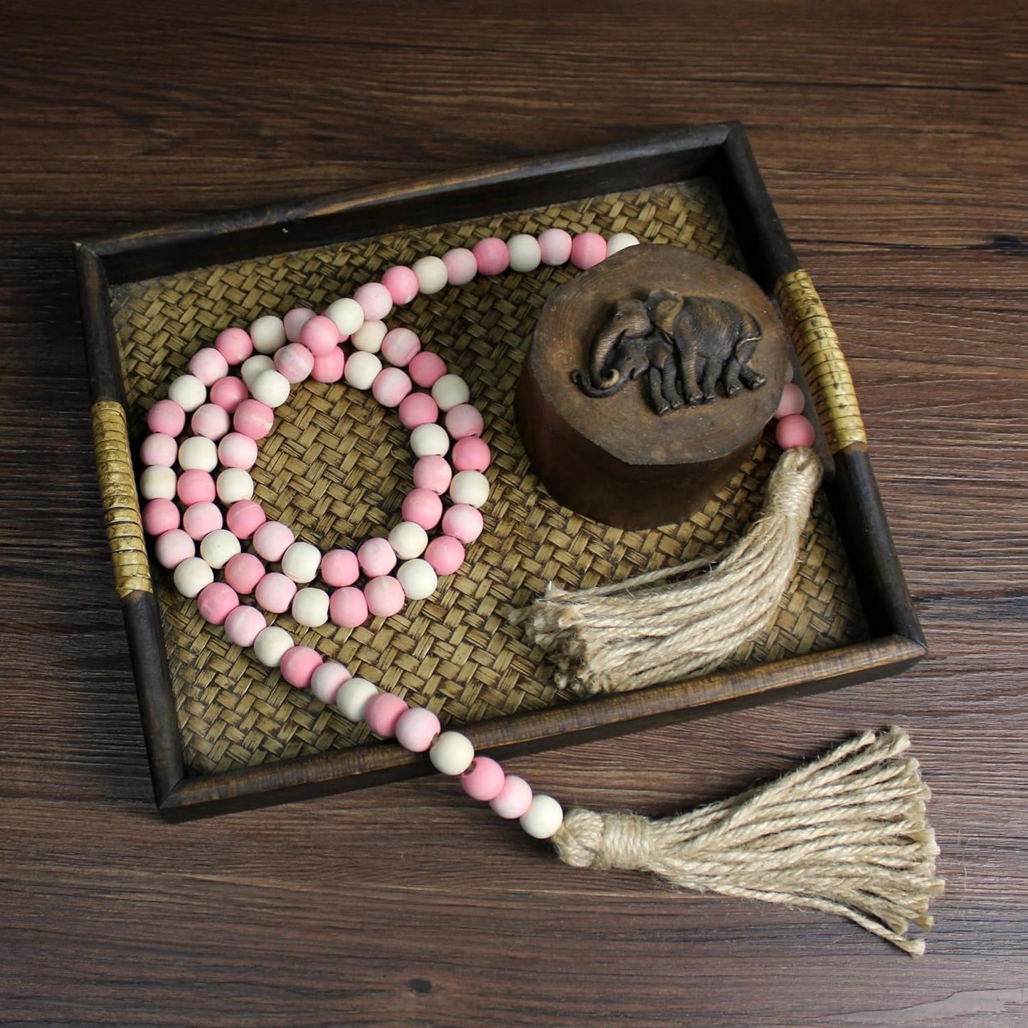 CVHOMEDECO. Wood Beads Garland with Tassels Farmhouse Rustic Wooden Prayer Bead String Wall Hanging Accent for Home Festival Decor. Mix Distressed