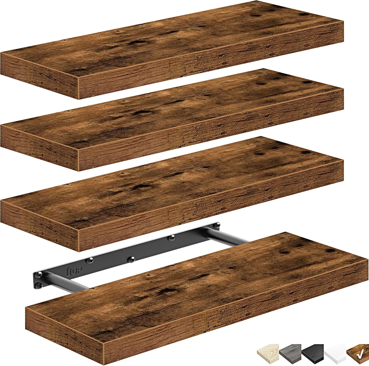 QEEIG Floating Shelves for Wall Bathroom Shelf Bedroom Kitchen Living Room Hanging Book Shelves Small Farmhouse Decor 16 inch Set of 3, Rustic Brown (015-BN3)