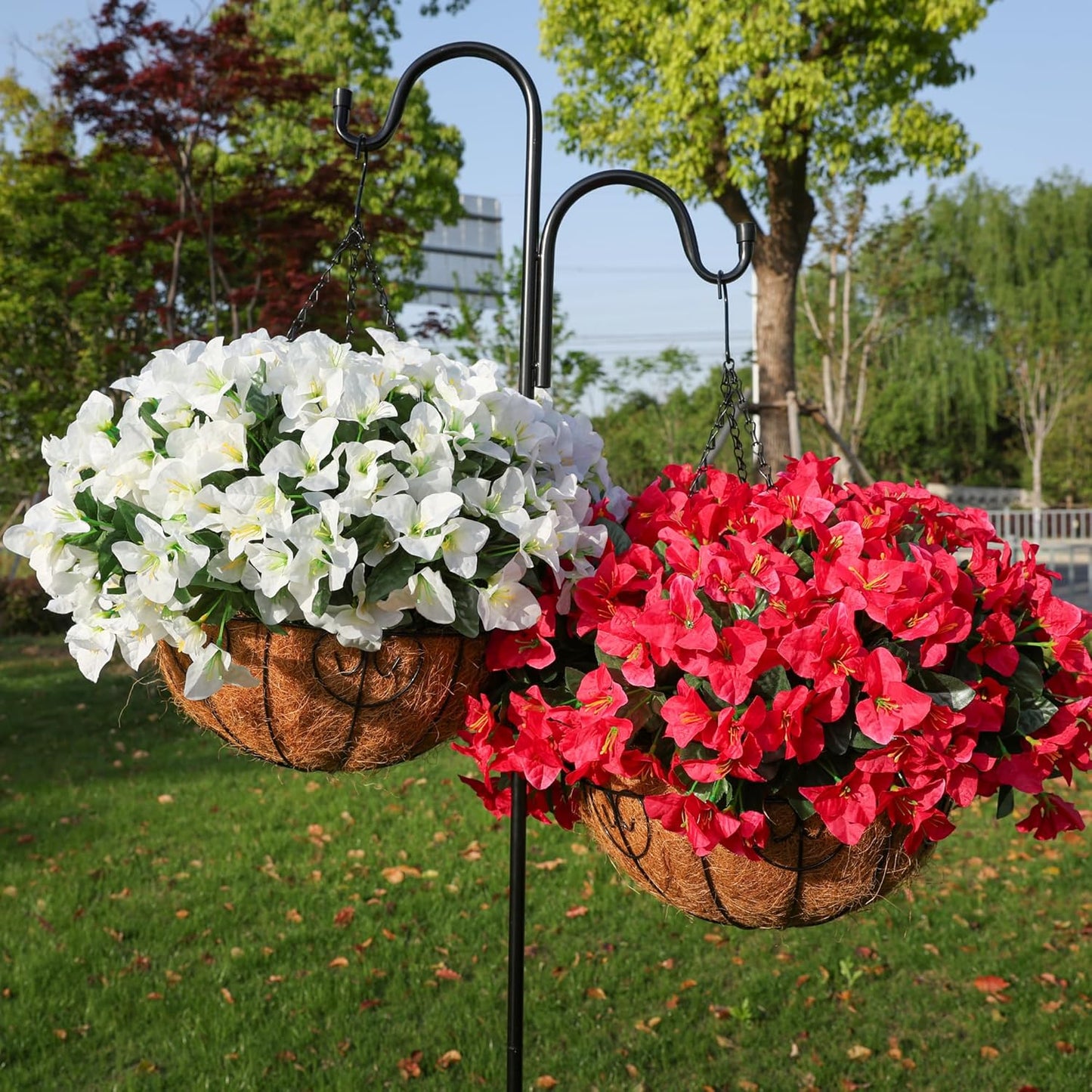 Artificial Hanging Flowers Faux Plants Basket for Outdoors Spring Summer Decor, Fake Silk Bougainvillea in Planter Outdoor Look Real UV Resistant Faux Flower for Outside Porch Patio Garden Home, White