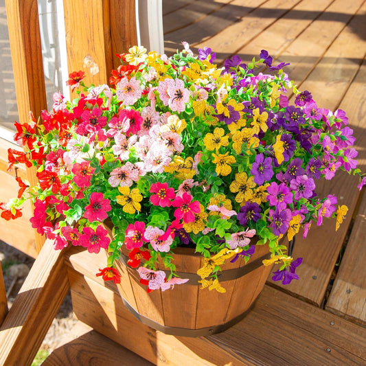 HyeFlora Artificial Flowers for Outdoor Indoor Garden Home Decoration, Faux Flower Daisy with Eucalyptus Leaves Fake Plants Greenery Boxwood Porch Patio, 12 Bundles (Mix Pink Red Purple Yellow)