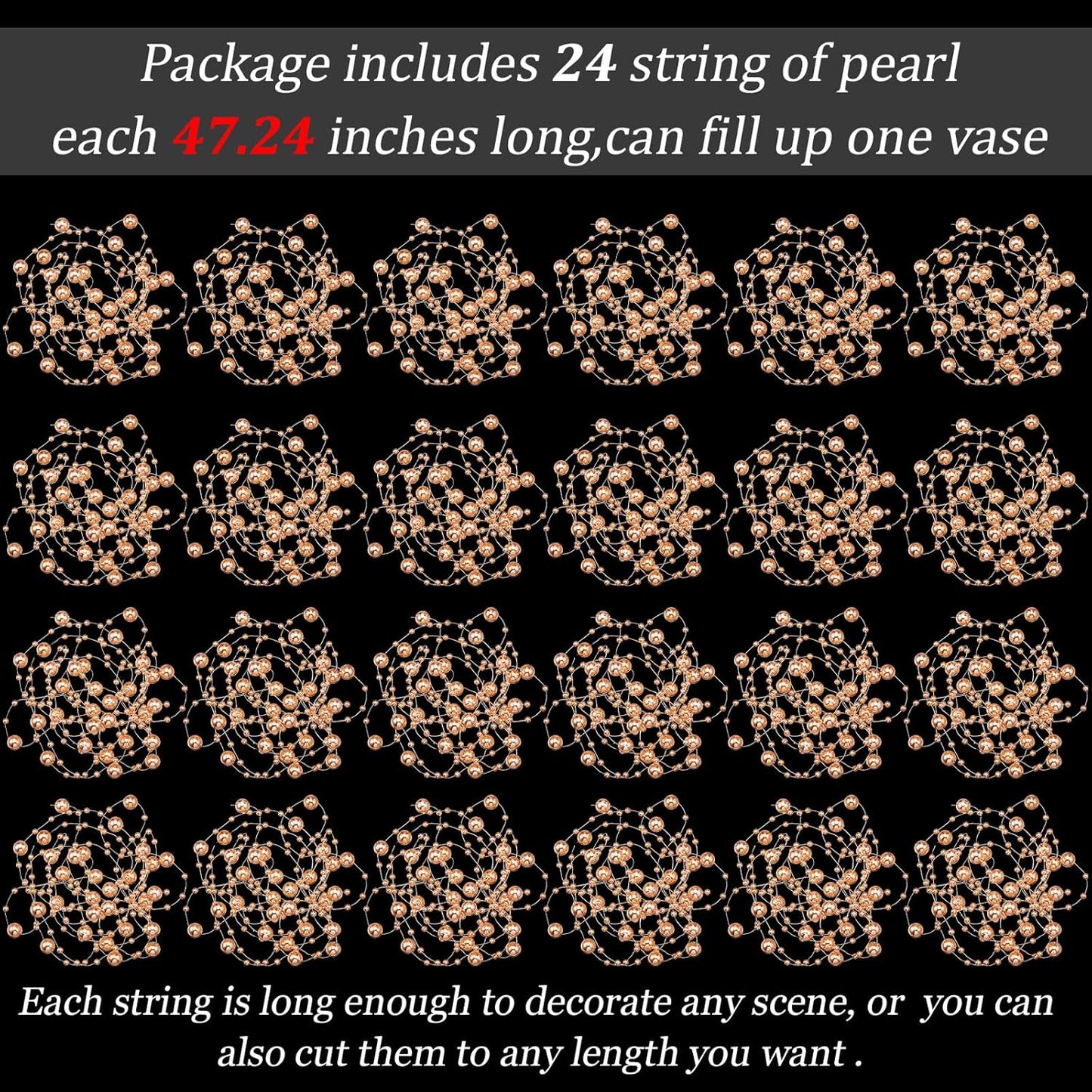 Tondiamo 24 Pcs Artificial Pearl String for Floating Candle Faux Pearls Beads String Garland Centerpiece Decoration for Vases Filler Wedding Spring Holiday Party Decor(Gold)