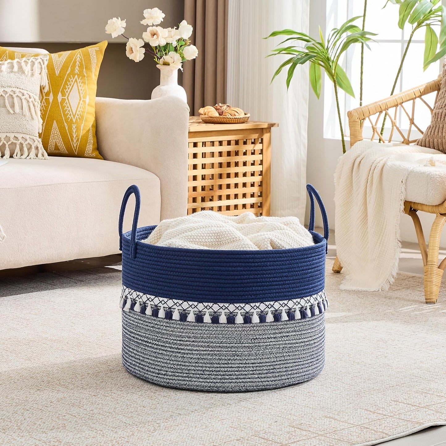KAKAMAY Large Blanket Basket (20"x13"),Woven Baskets for storage Baby Laundry Hamper, Cotton Rope Blanket Basket for Living Room, Laundry, Nursery, Pillows, Baby Toy chest (White/Brown)