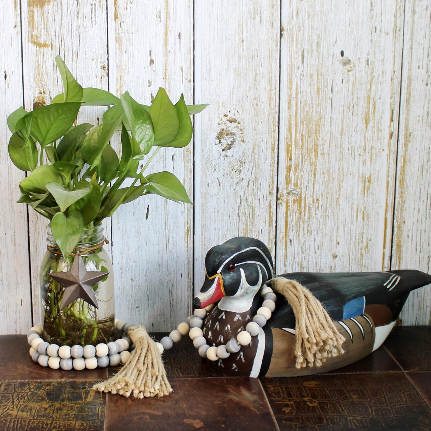 CVHOMEDECO. Wood Beads Garland with Tassels Farmhouse Rustic Wooden Prayer Bead String Wall Hanging Accent for Home Festival Decor. Mix Distressed