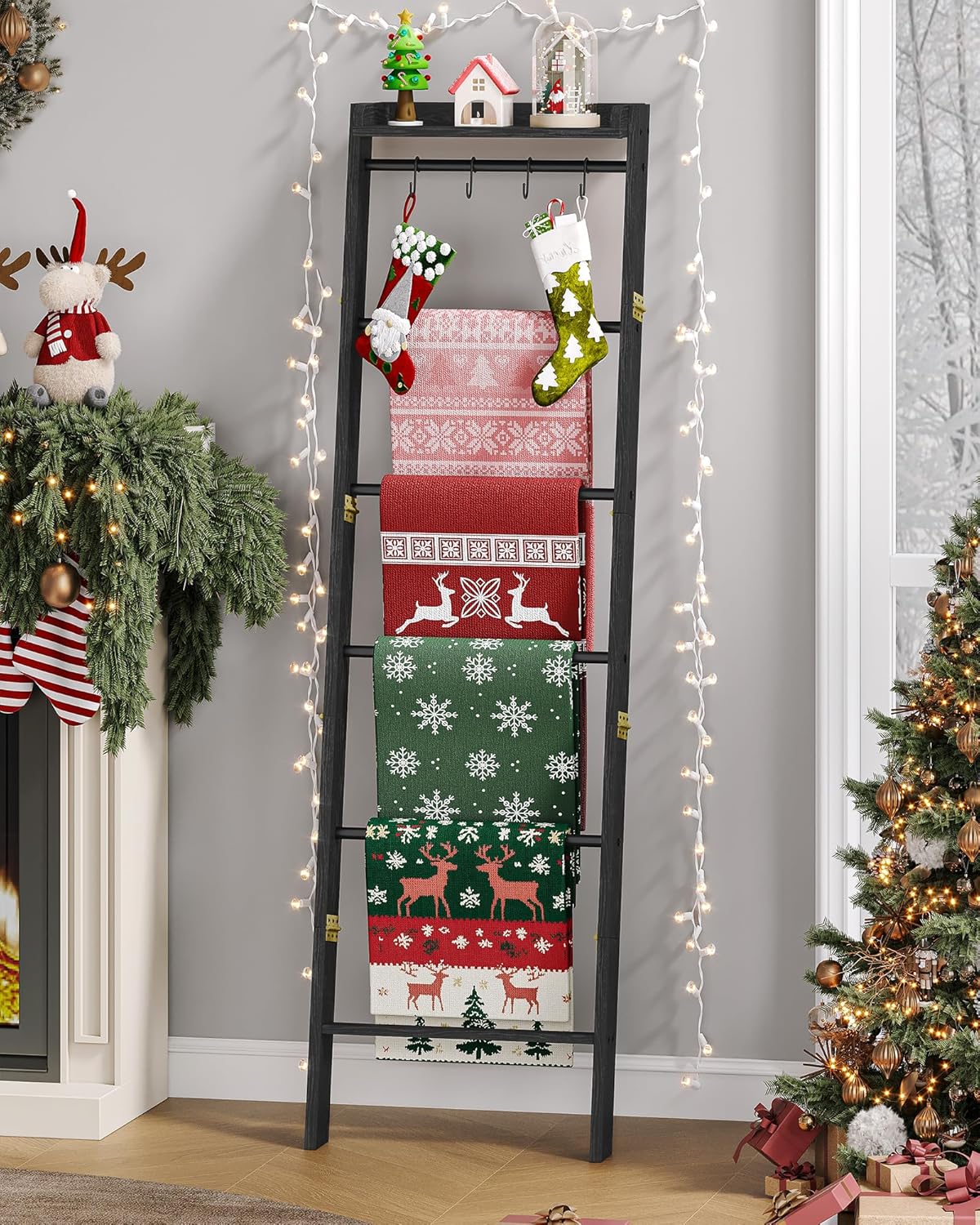 Hzuaneri Blanket Ladder Shelf, Decorative Quilt Rack, 6-Tier Farmhouse Ladder Holder Organizer with 4 Removable Hooks 7.9" D x 17.3" W x 63.4" H, Rustic Brown BR35801B