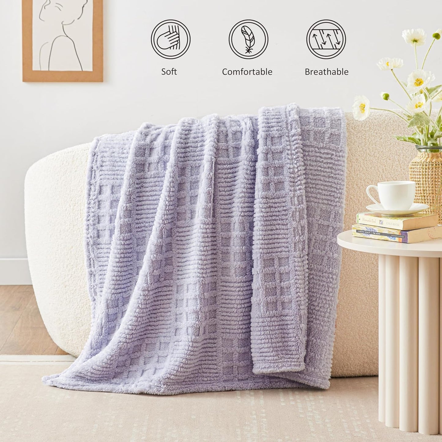 EXQ Home Fleece Throw Blanket for Couch or Bed - 3D Imitation Turtle Shell Jacquard Decorative Blankets - Cozy Soft Lightweight Fuzzy Flannel Blanket Suitable for All Seasons(50"×60",Beige)