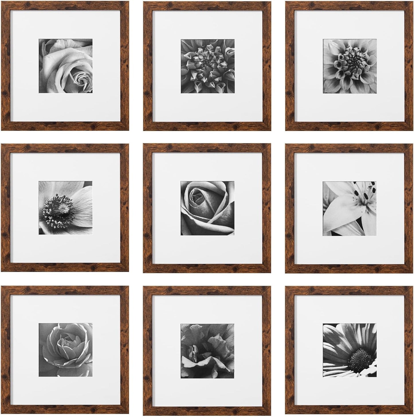 eletecpro 12x12 Picture Frames Set of 9 with Clear Acrylic Cover, Display 8x8 Photos with Mat or 12x12 Without, Classic and Sturdy Square Collage Gallery Wall Decor, Easy Wall Mount, Black
