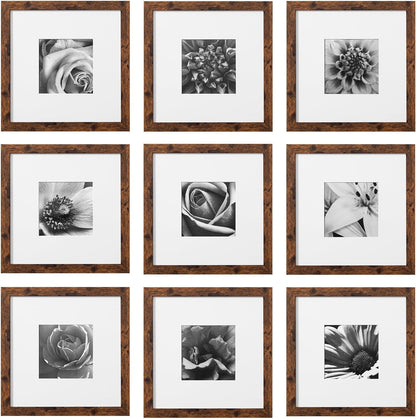 eletecpro 12x12 Picture Frames Set of 9 with Clear Acrylic Cover, Display 8x8 Photos with Mat or 12x12 Without, Classic and Sturdy Square Collage Gallery Wall Decor, Easy Wall Mount, Black