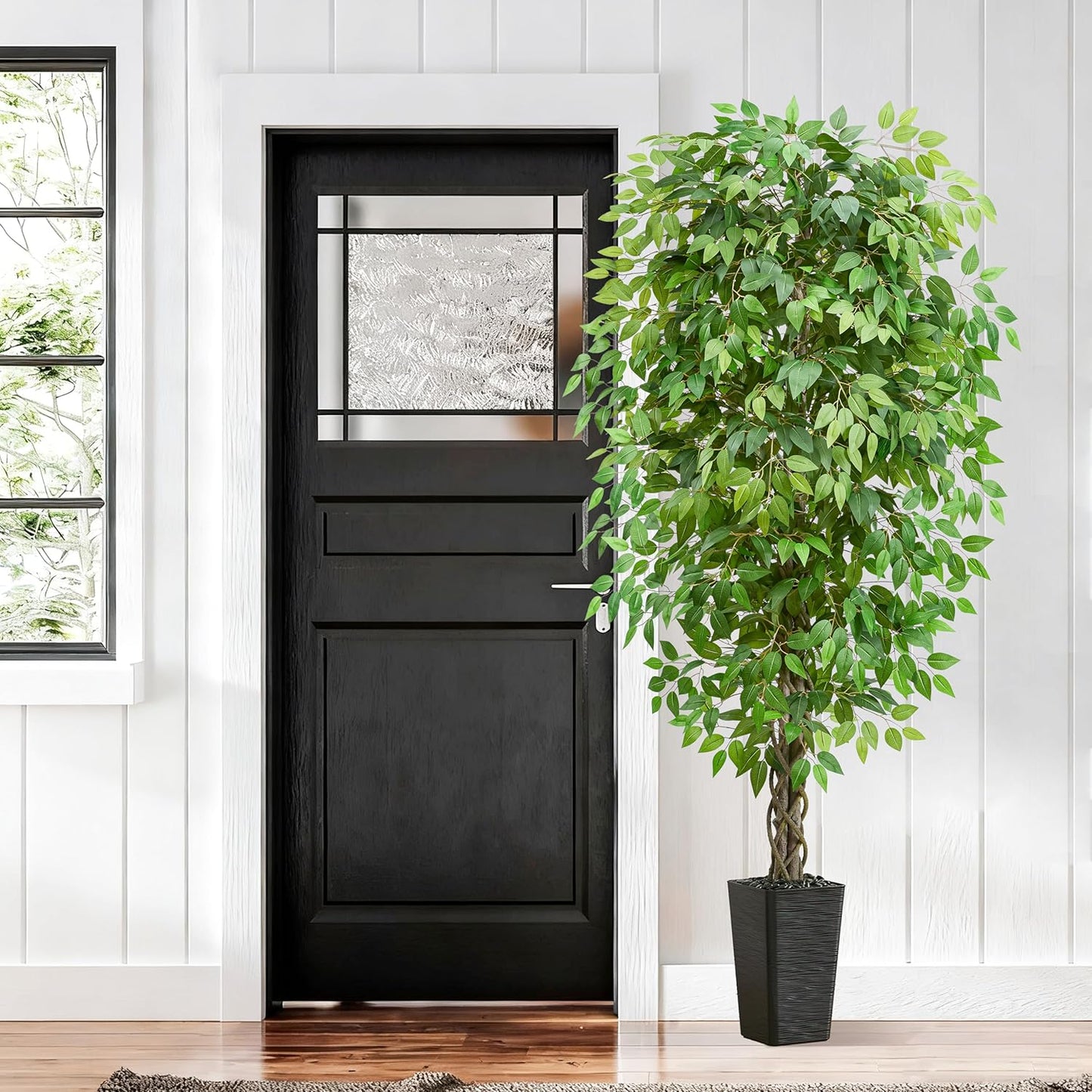 Artificial Ficus Tree 6FT Faux Plants Indoor Tall Fake Plants with White Planter, Green Lifelike Lush Fake Ficus Tree for Home Living Room Bedroom Outdoor Balcony House Office Decor