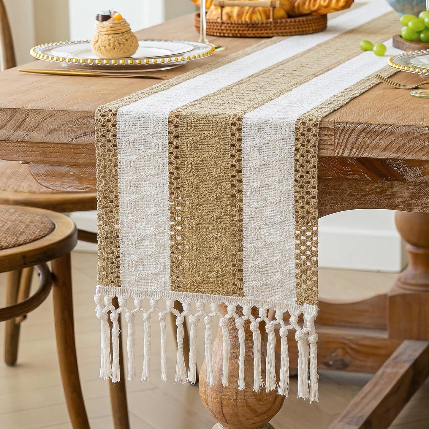 FEXIA Boho Table Runner for Thanksgiving Fall Christmas Home Decor with Tassels 72 Inches Long Pottery barn Furniture Farmhouse Rustic Macrame Burlap Table Decoration for Living Room (12x72 Inches)