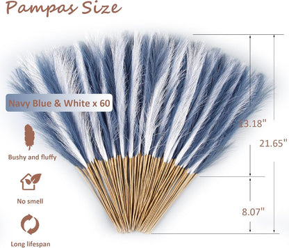 20Pcs Navy Blue Gradient and White Faux Pampas Grass Decor, 21.7"" Pompas Grass Flower Arrangement and Vase Filler for Boho Home Wedding Decoration, Black