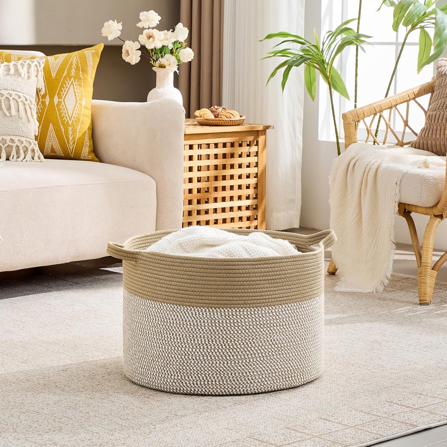 KAKAMAY Large Blanket Basket (20"x13"),Woven Baskets for storage Baby Laundry Hamper, Cotton Rope Blanket Basket for Living Room, Laundry, Nursery, Pillows, Baby Toy chest (White/Brown)