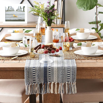 DII Farmhouse Braided Stripe Table Runner Collection, 15x72 (15x77, Fringe Included), Black