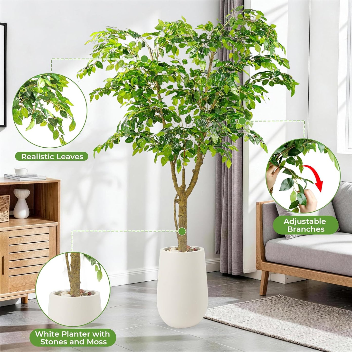 5FT Artificial Ficus Tree with White Planter and Pebbles,Faux Silk Tree with Lifelike Leaves and Realistic Trunk,Tall Fake Potted Plant for Home and Office Décor Indoor and Outdoor (5FT)